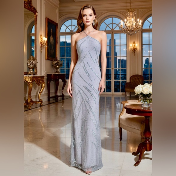 Elegant baby blue hand beaded Evening Gown